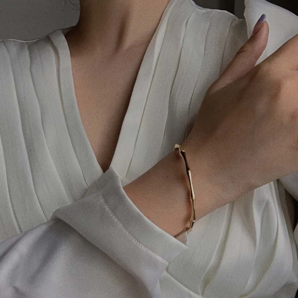 NEW 18k Yellow Gold Plated Bamboo Adjustable Cuff - Picture 2 of 11